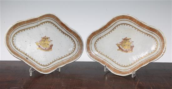 A pair of Chinese export enamelled porcelain lozenge shaped dishes, 19th century, made for the American market, 26.5cm